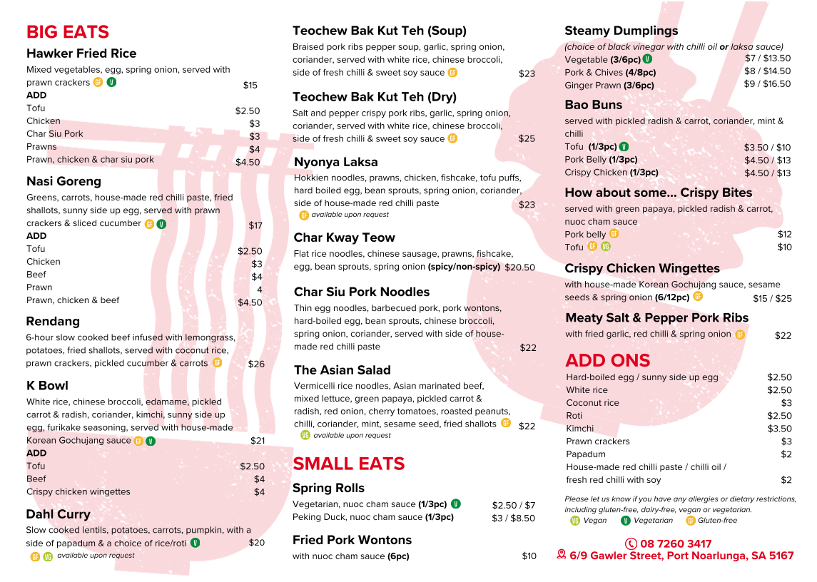 Menu, Hawker Street Eats