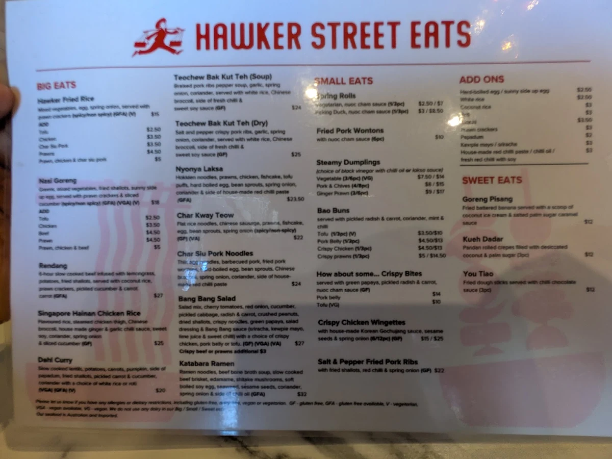 Menu, Hawker Street Eats