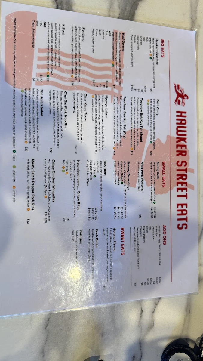 Menu, Hawker Street Eats
