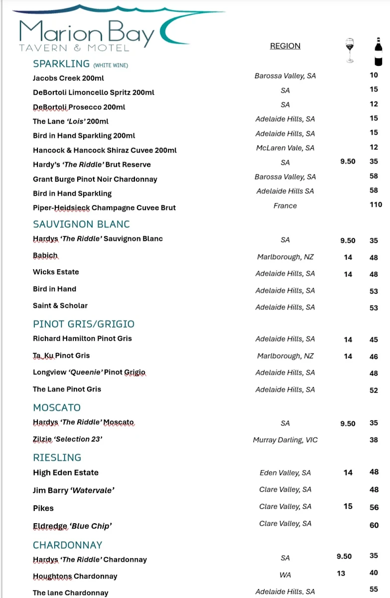Menu, Marion Bay Tavern & Motel
