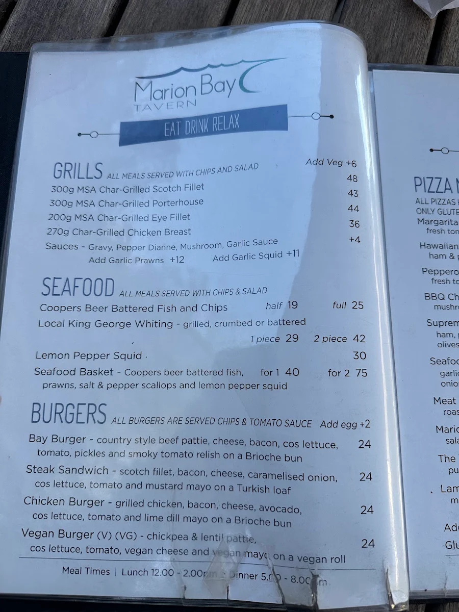 Menu, Marion Bay Tavern & Motel