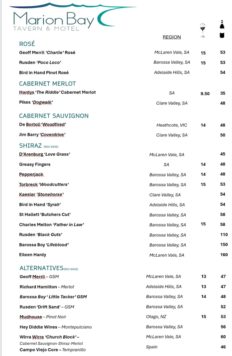 Menu, Marion Bay Tavern & Motel