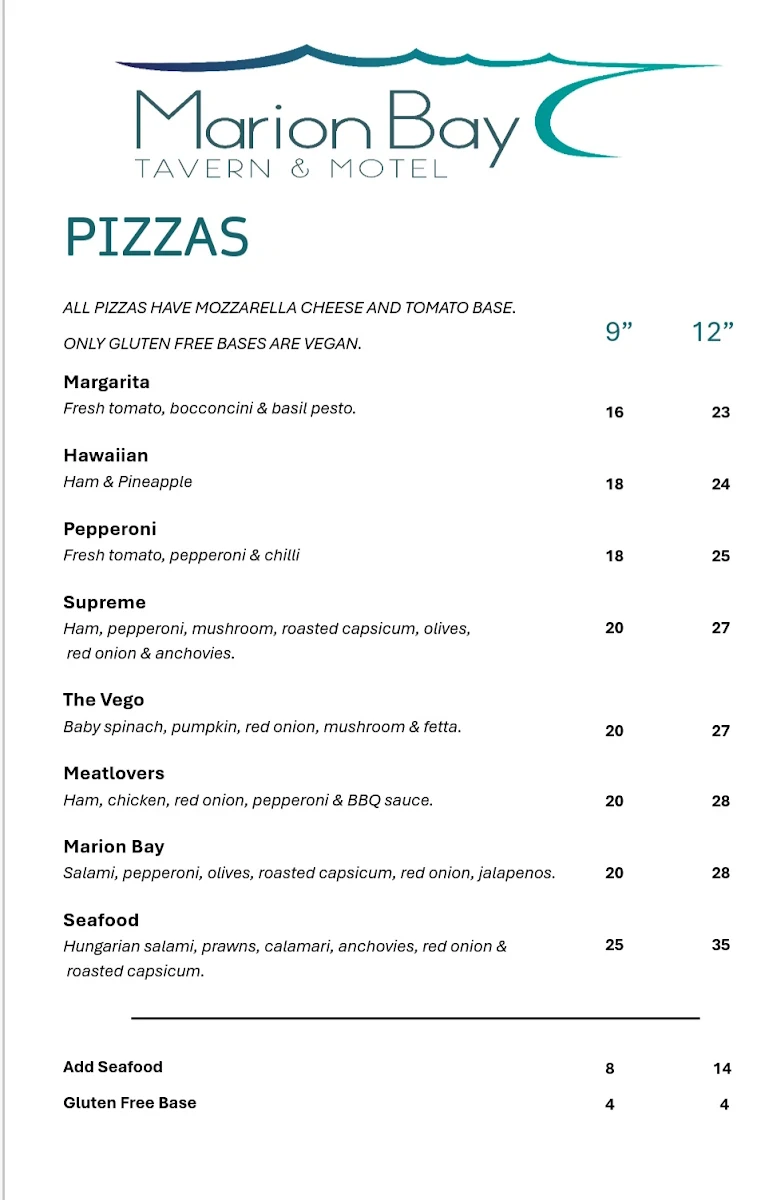 Menu, Marion Bay Tavern & Motel