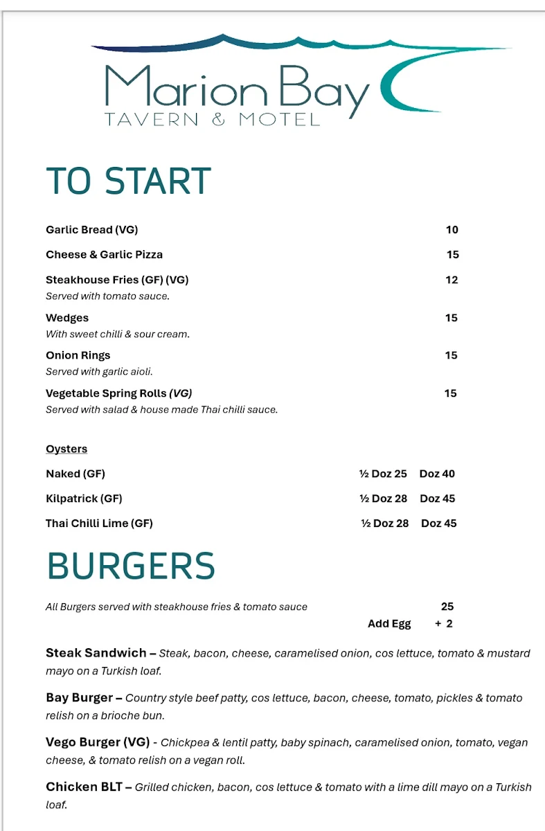 Menu, Marion Bay Tavern & Motel