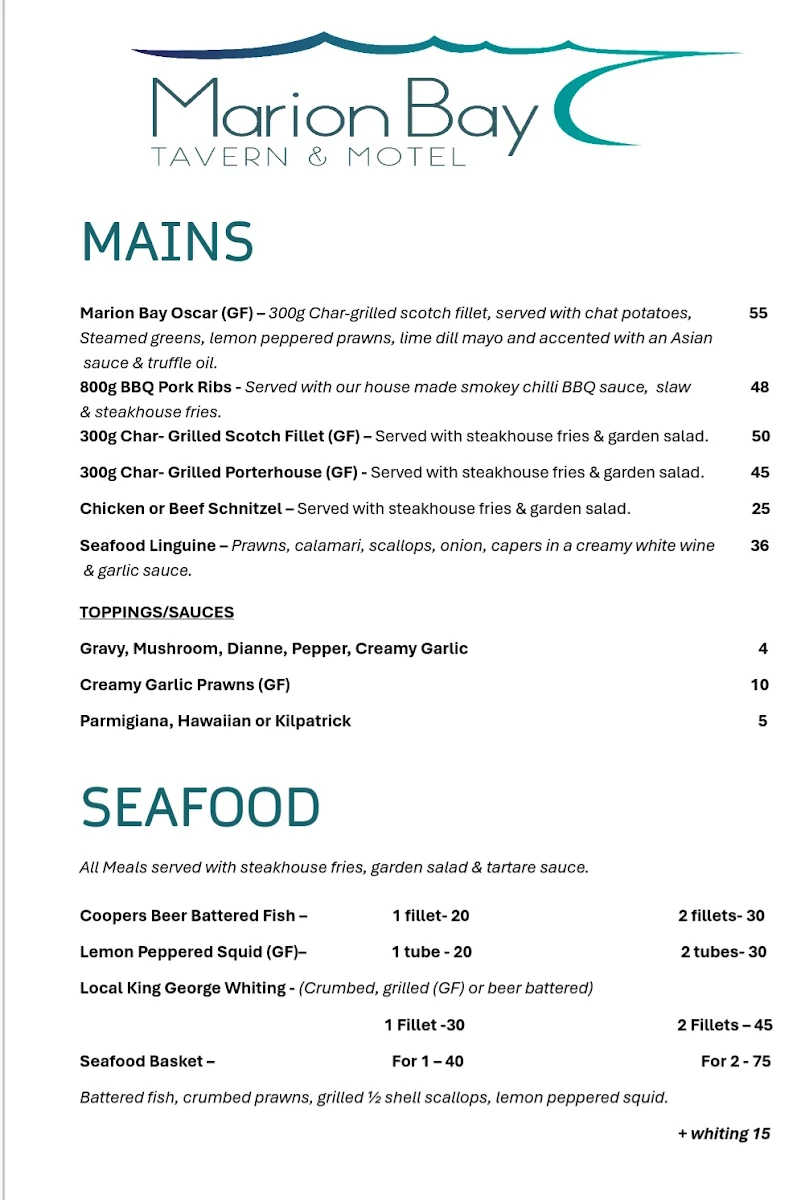 Menu, Marion Bay Tavern & Motel