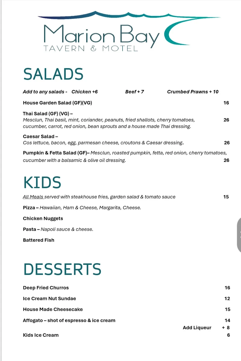 Menu, Marion Bay Tavern & Motel