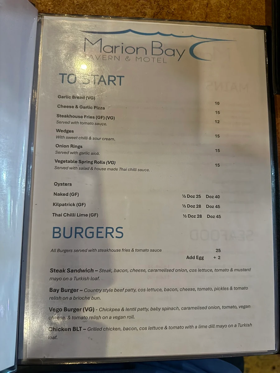 Menu, Marion Bay Tavern & Motel