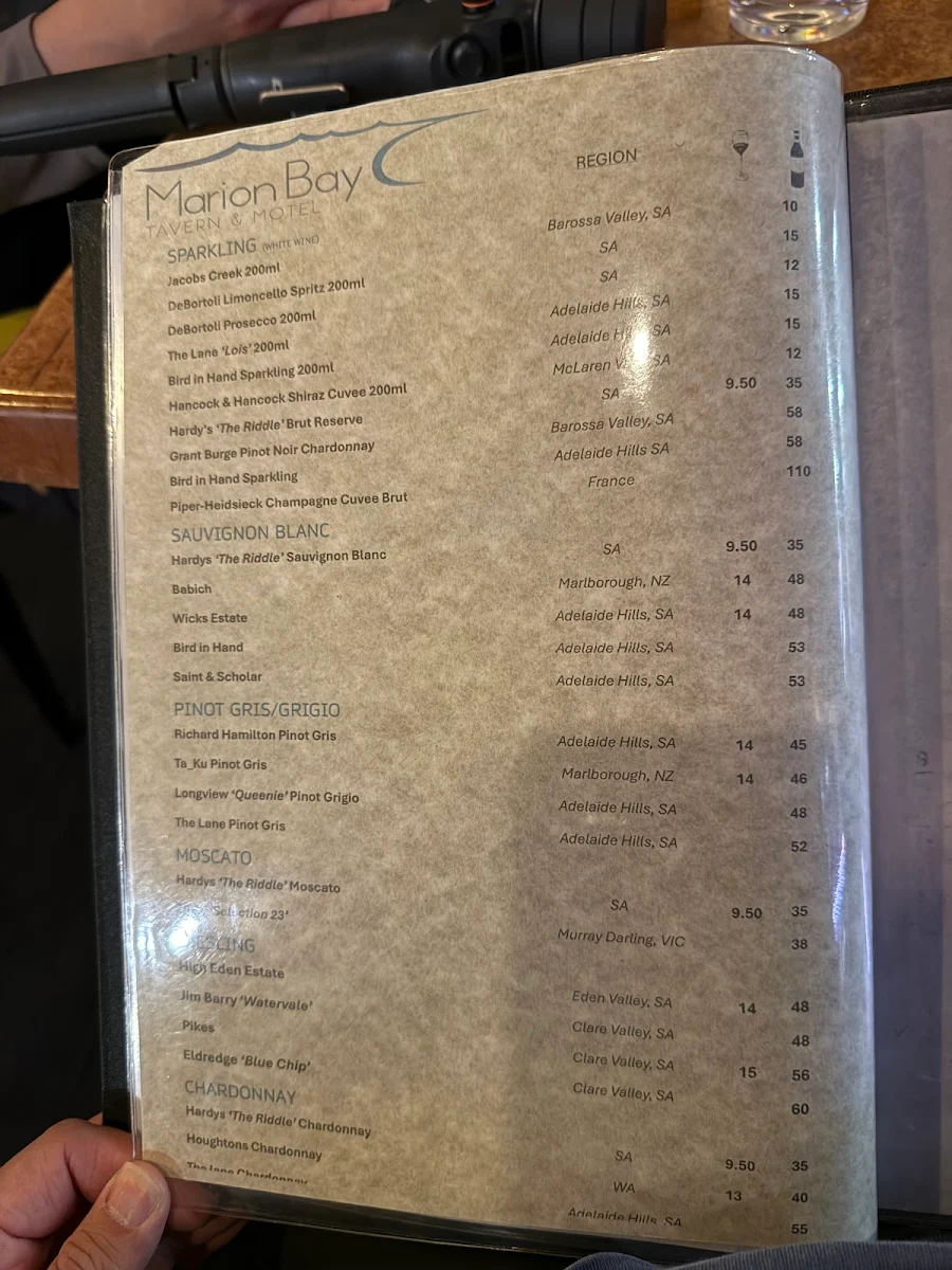 Menu, Marion Bay Tavern & Motel