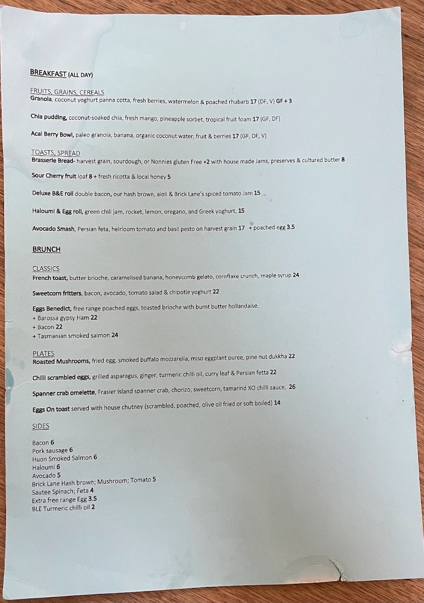 Menu, Brick Lane Espresso