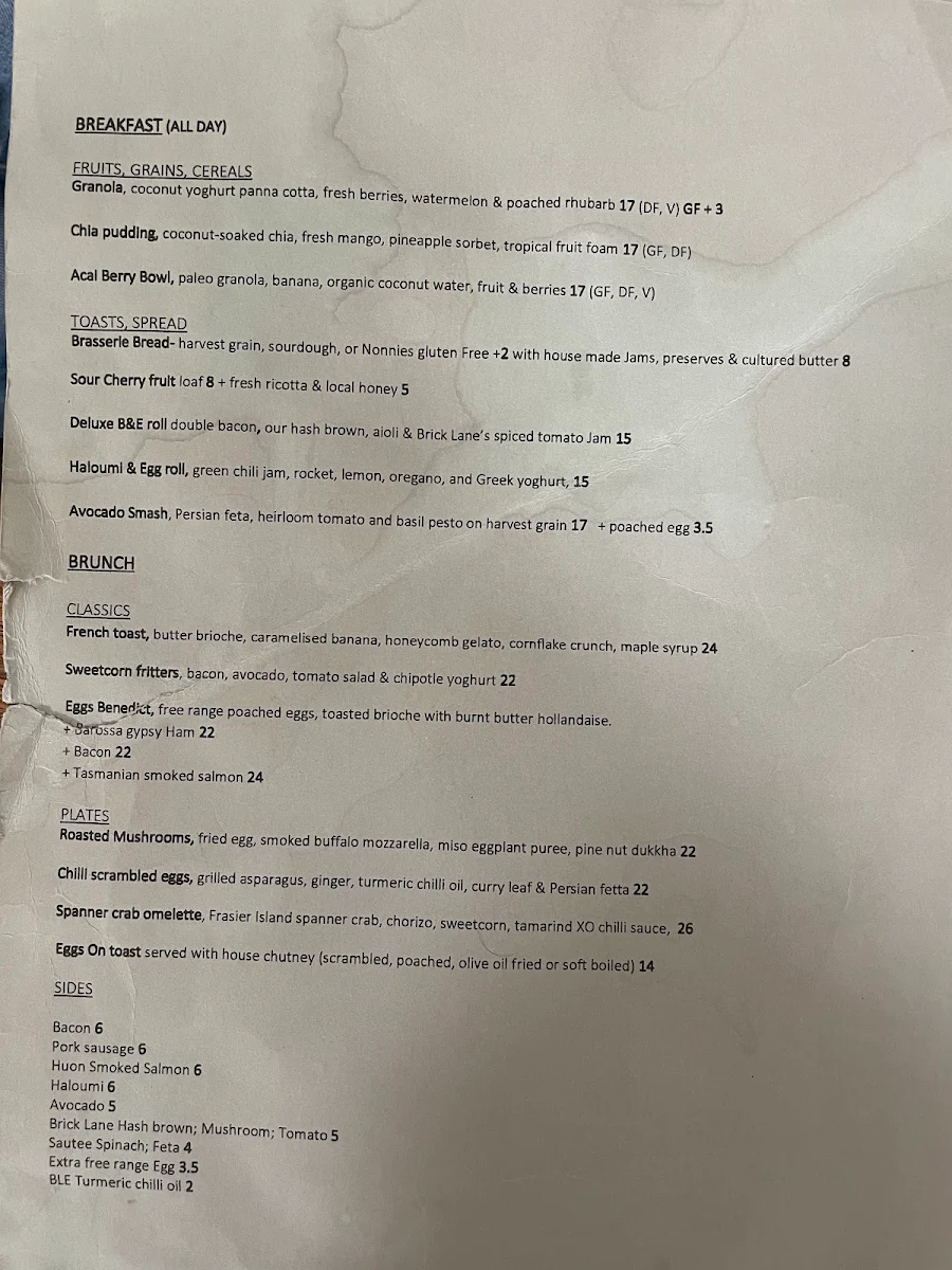 Menu, Brick Lane Espresso