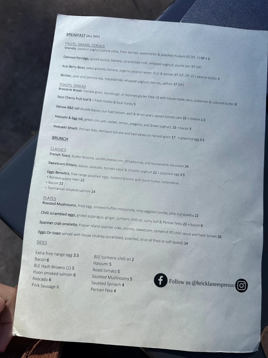 Menu, Brick Lane Espresso