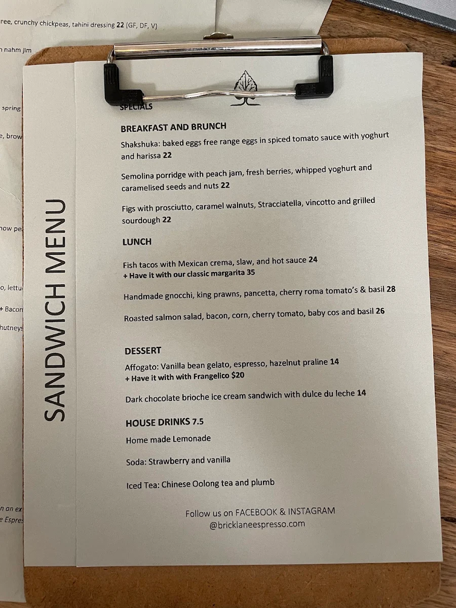 Menu, Brick Lane Espresso