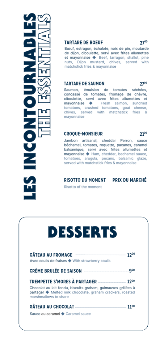Menu, Sapristi...bistro bar