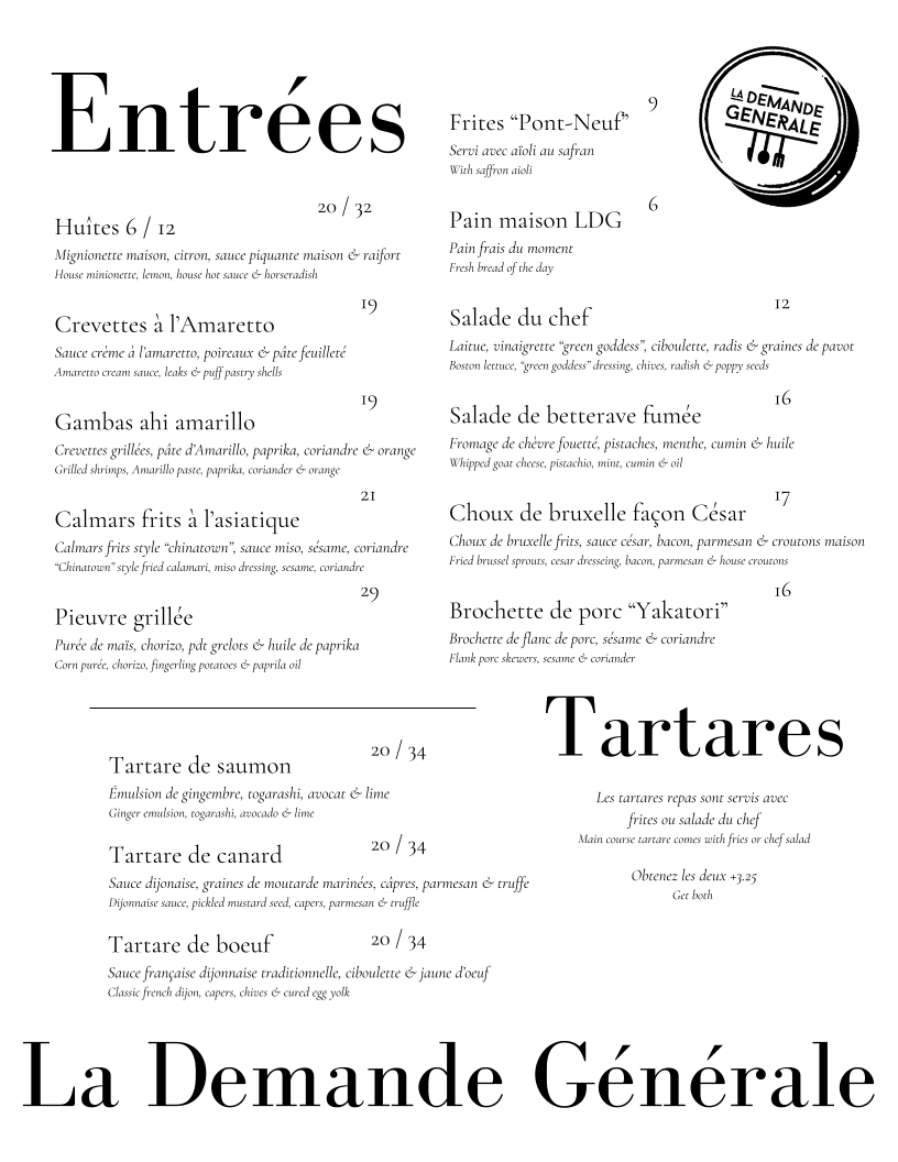 Menu, La Demande Générale Valleyfield Bistro & Buvette