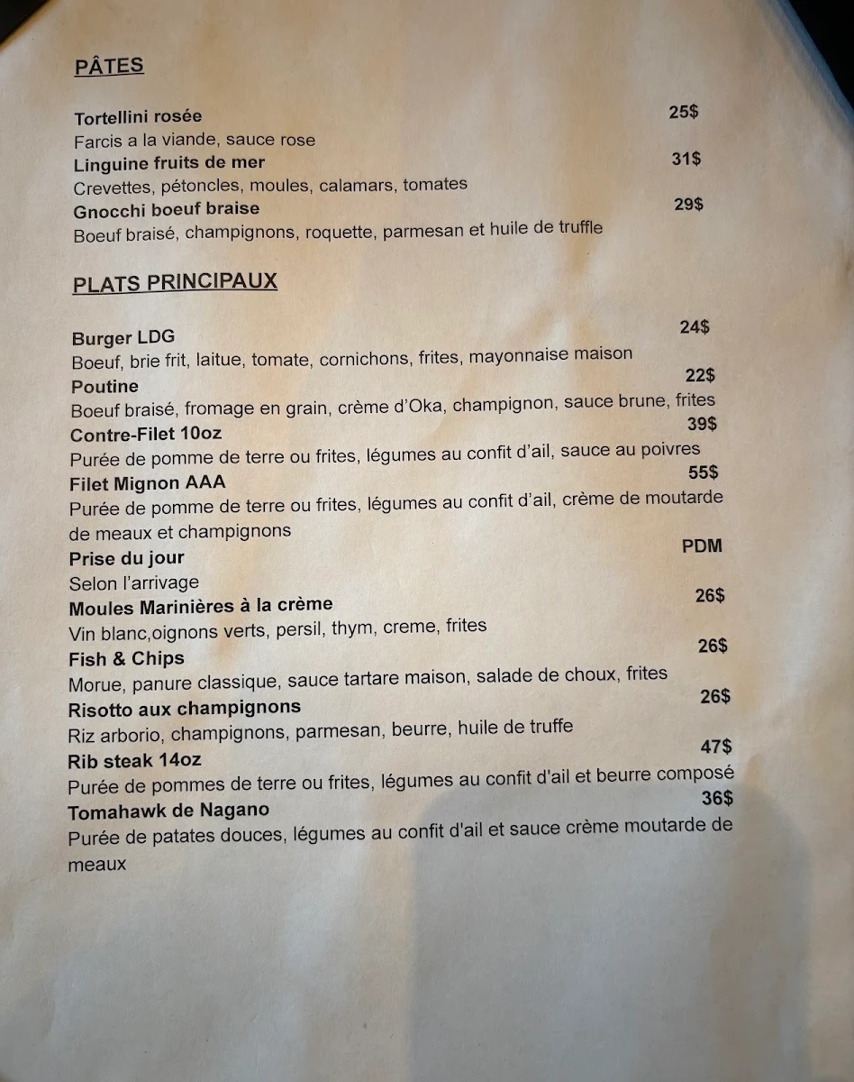 Menu, La Demande Générale Valleyfield Bistro & Buvette