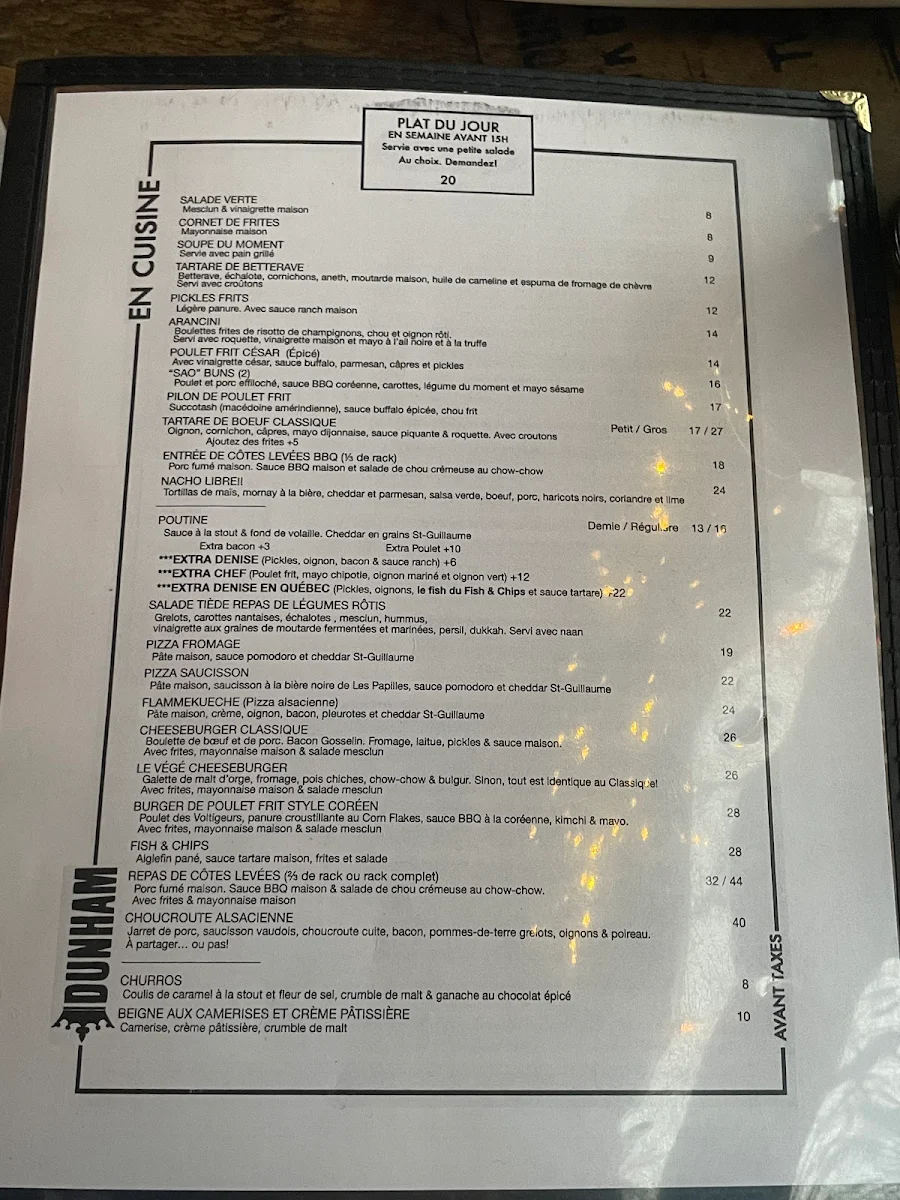 Menu, Brasserie Dunham / Pub & Boutique