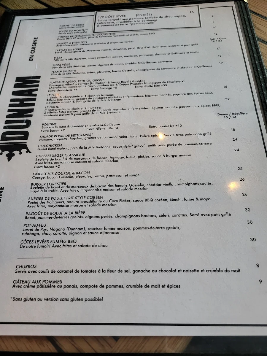 Menu, Brasserie Dunham / Pub & Boutique