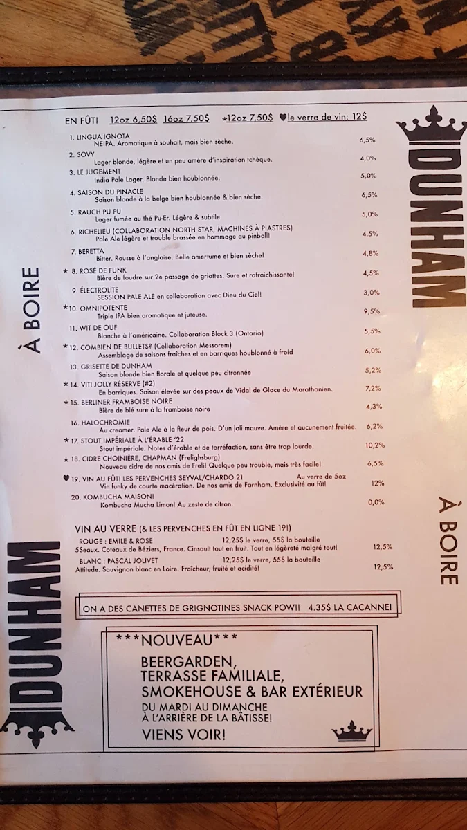 Menu, Brasserie Dunham / Pub & Boutique