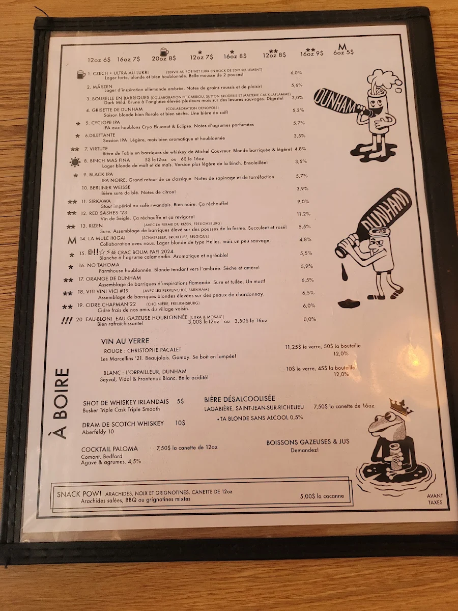 Menu, Brasserie Dunham / Pub & Boutique