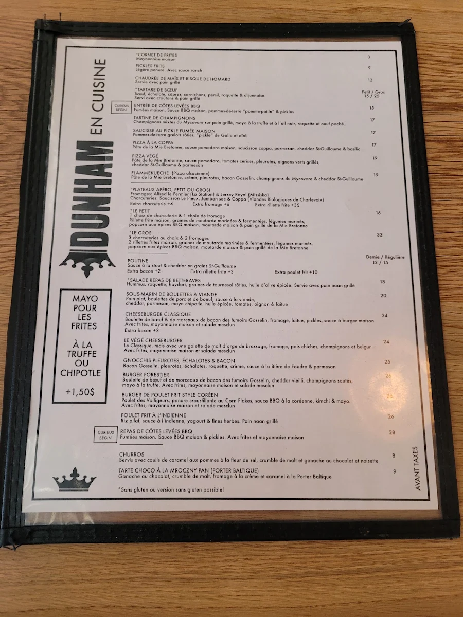 Menu, Brasserie Dunham / Pub & Boutique