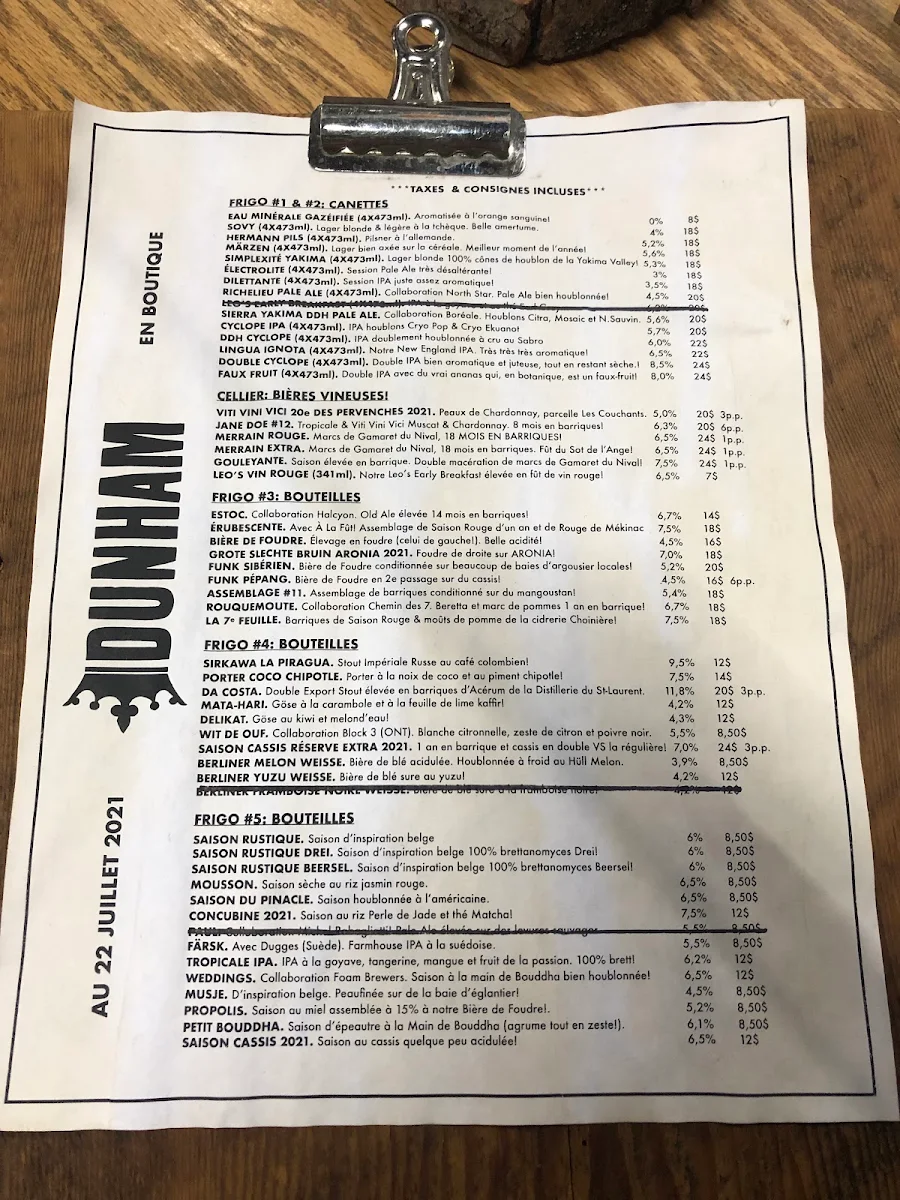 Menu, Brasserie Dunham / Pub & Boutique