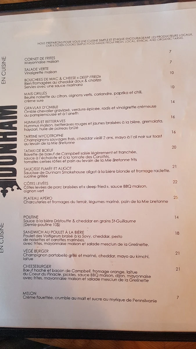 Menu, Brasserie Dunham / Pub & Boutique