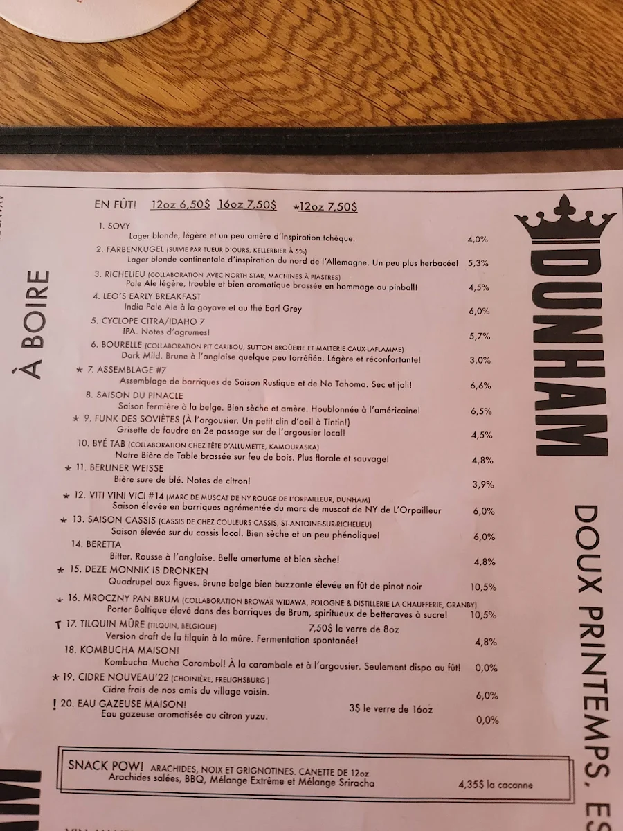 Menu, Brasserie Dunham / Pub & Boutique