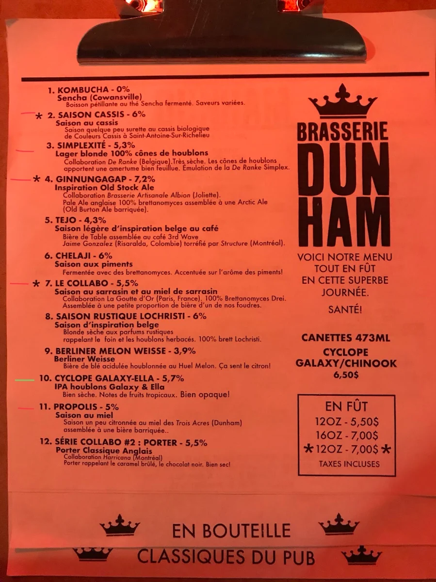 Menu, Brasserie Dunham / Pub & Boutique