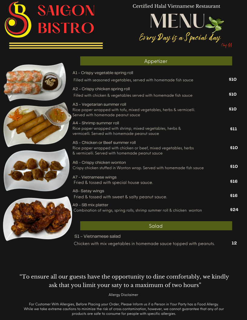 Menu, Saigon Bistro