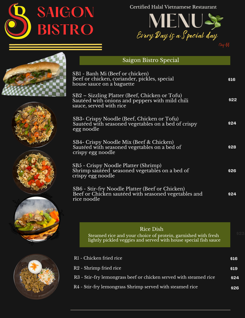 Menu, Saigon Bistro