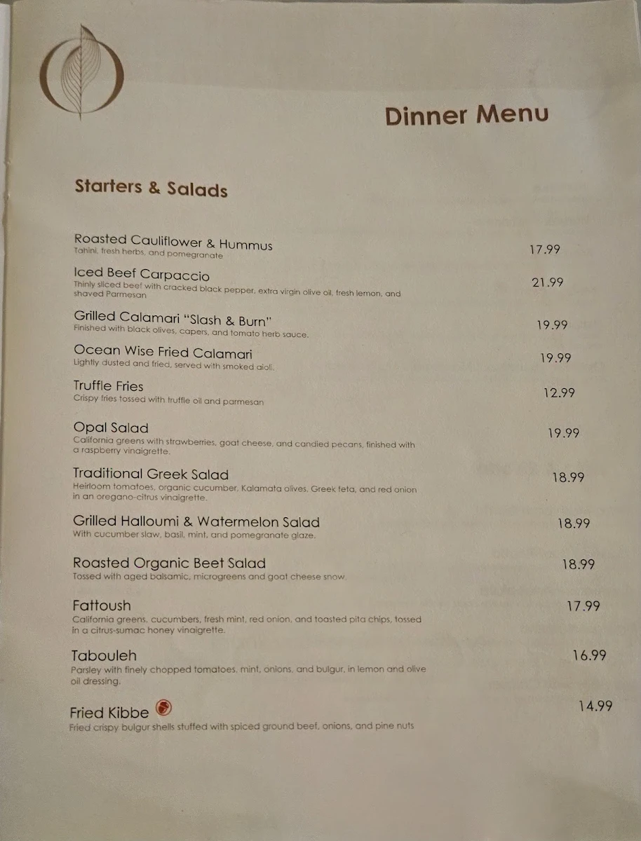 Menu, Opal Lounge Oakville (Middle Eastern Restaurant)