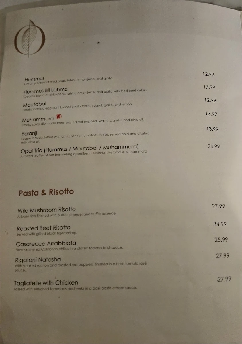 Menu, Opal Lounge Oakville (Middle Eastern Restaurant)
