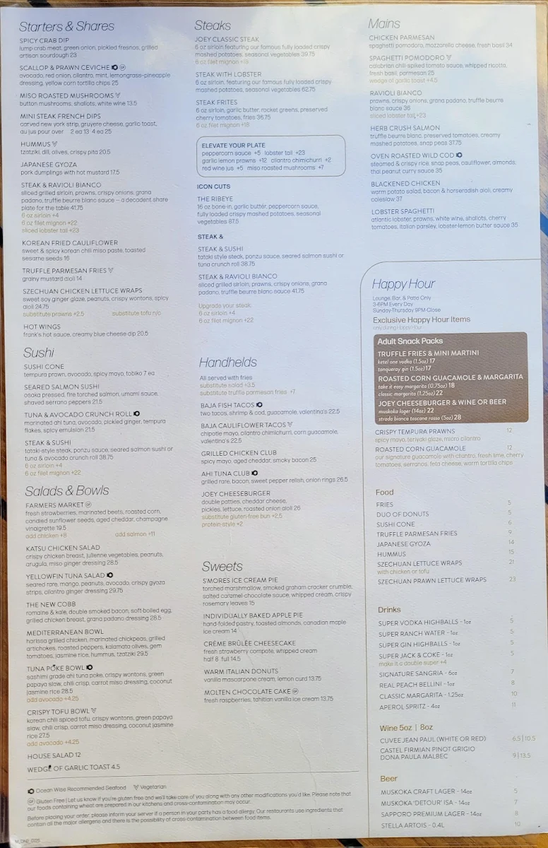Menu, JOEY Rideau