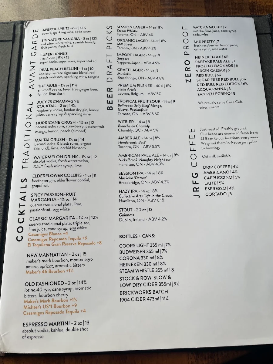 Menu, JOEY Rideau