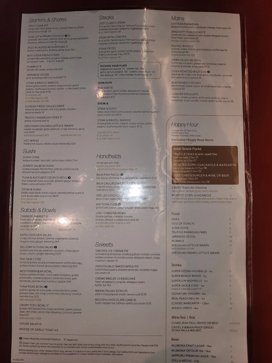 Menu, JOEY Rideau