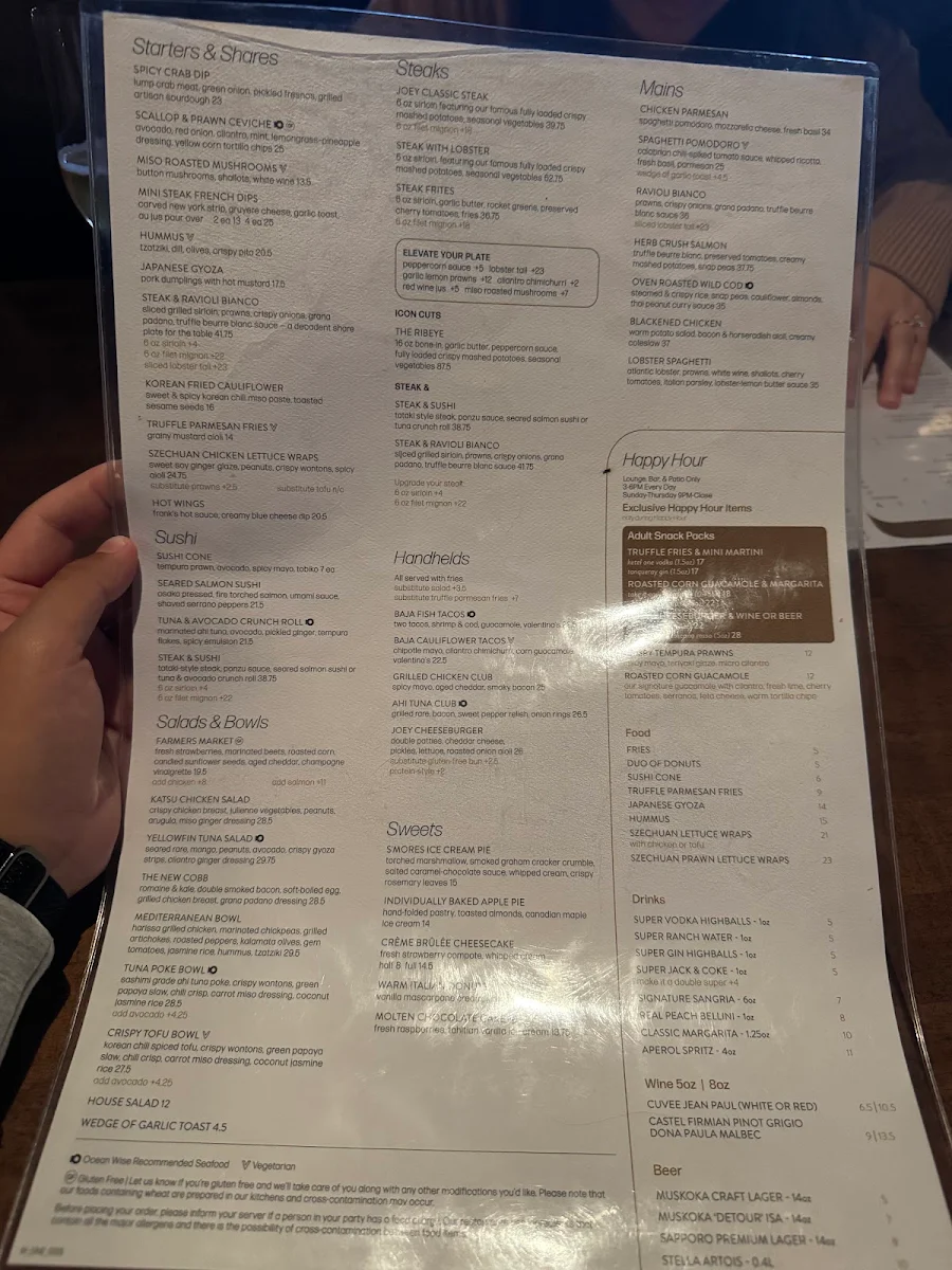 Menu, JOEY Rideau