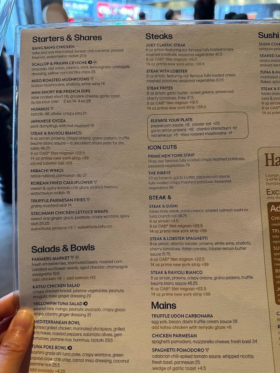 Menu, JOEY Rideau