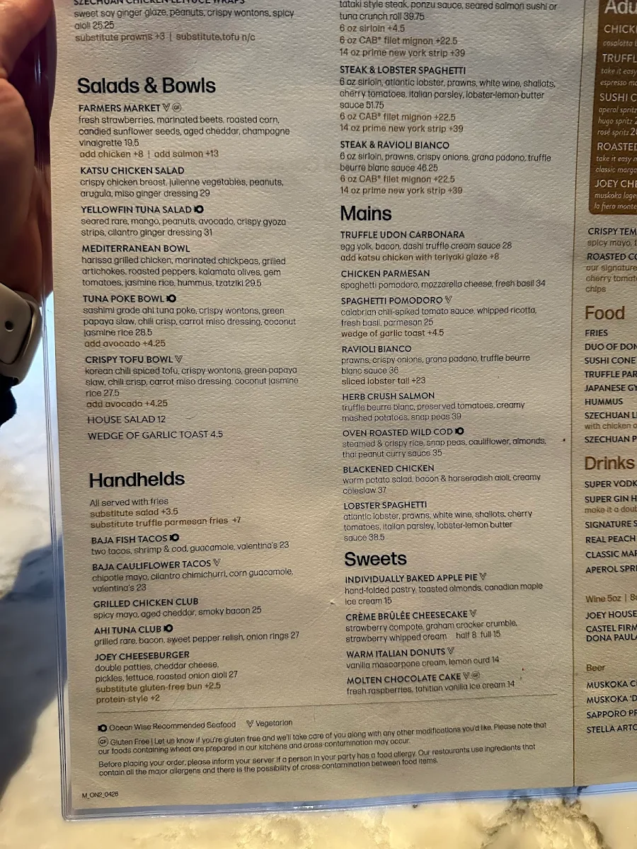 Menu, JOEY Rideau