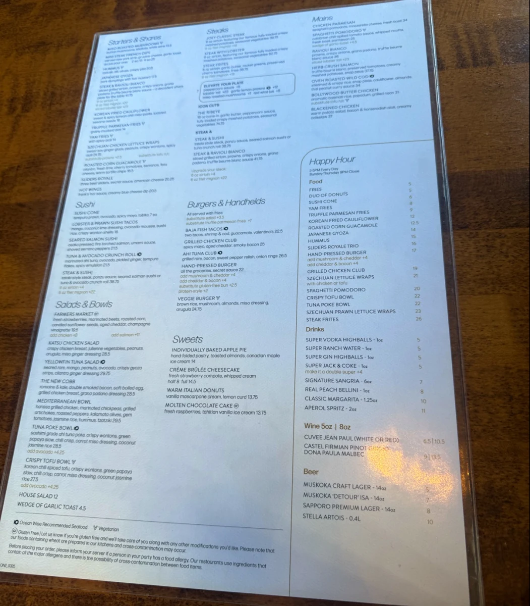 Menu, JOEY Rideau