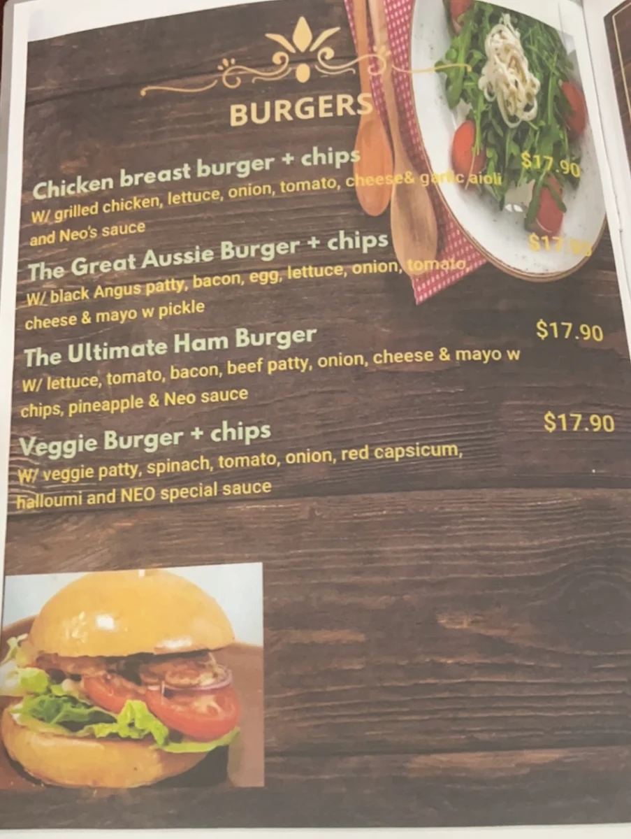 Menu, Neo Cafe Restaurant