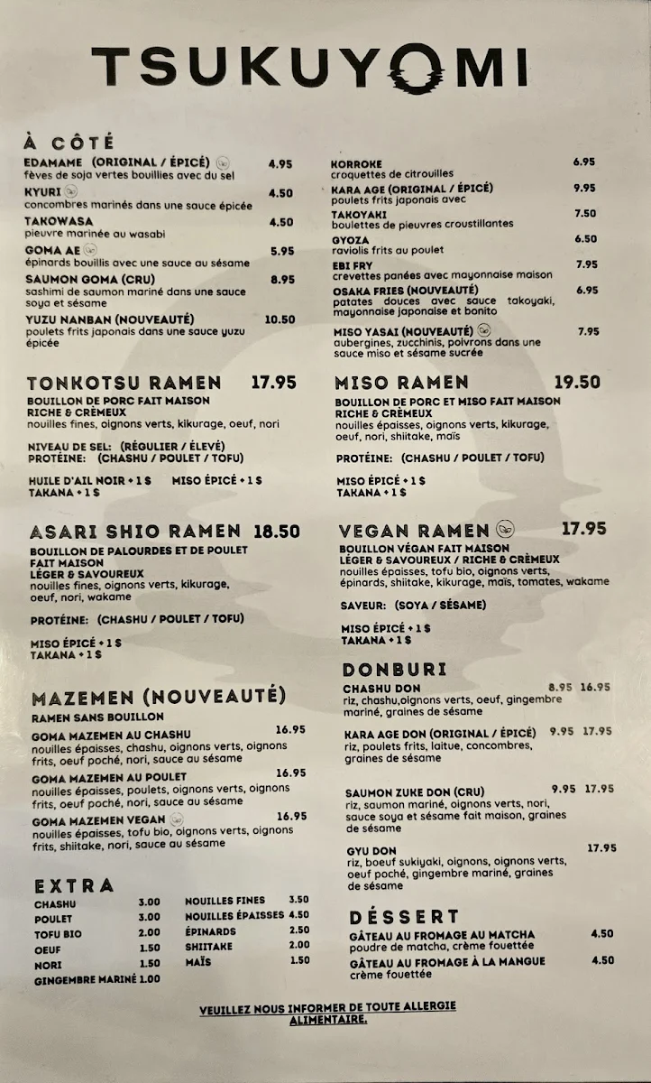 Menu, Tsukuyomi Ramen - Mile End