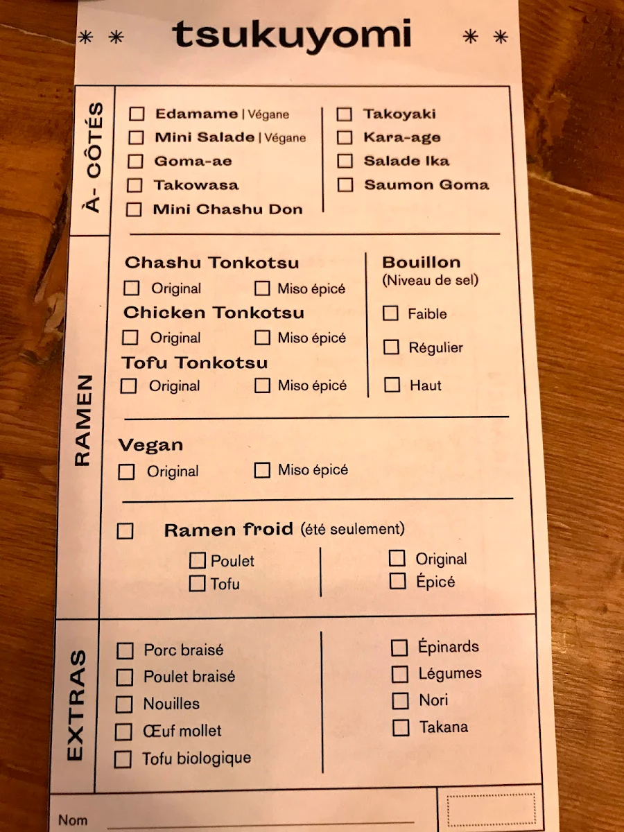 Menu, Tsukuyomi Ramen - Mile End
