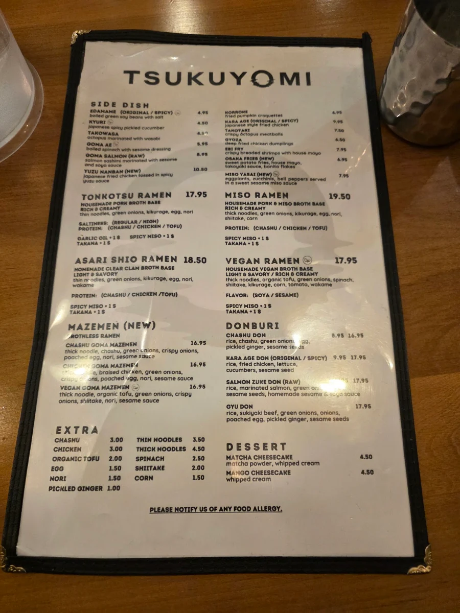 Menu, Tsukuyomi Ramen - Mile End