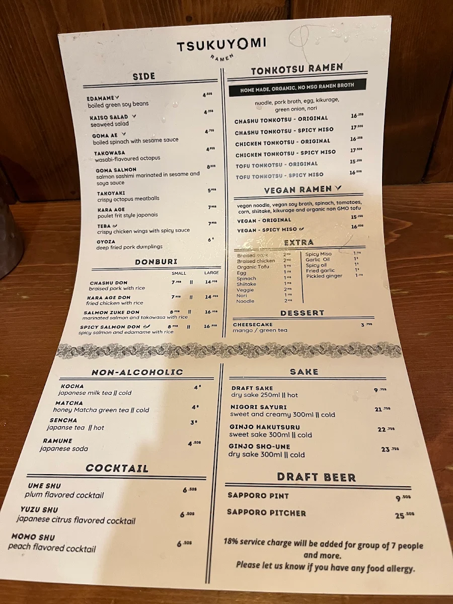 Menu, Tsukuyomi Ramen - Mile End