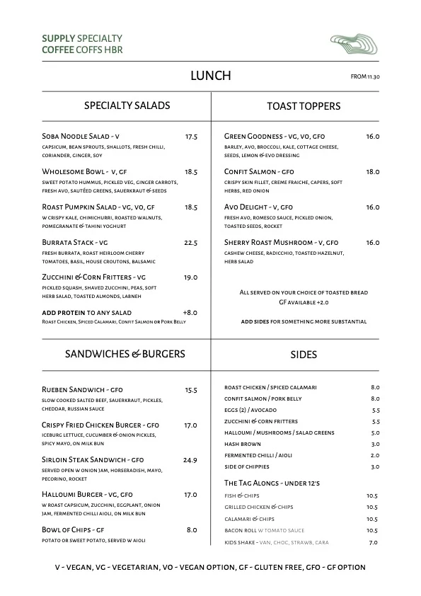 Menu, Supply Speciality Coffee and Bar