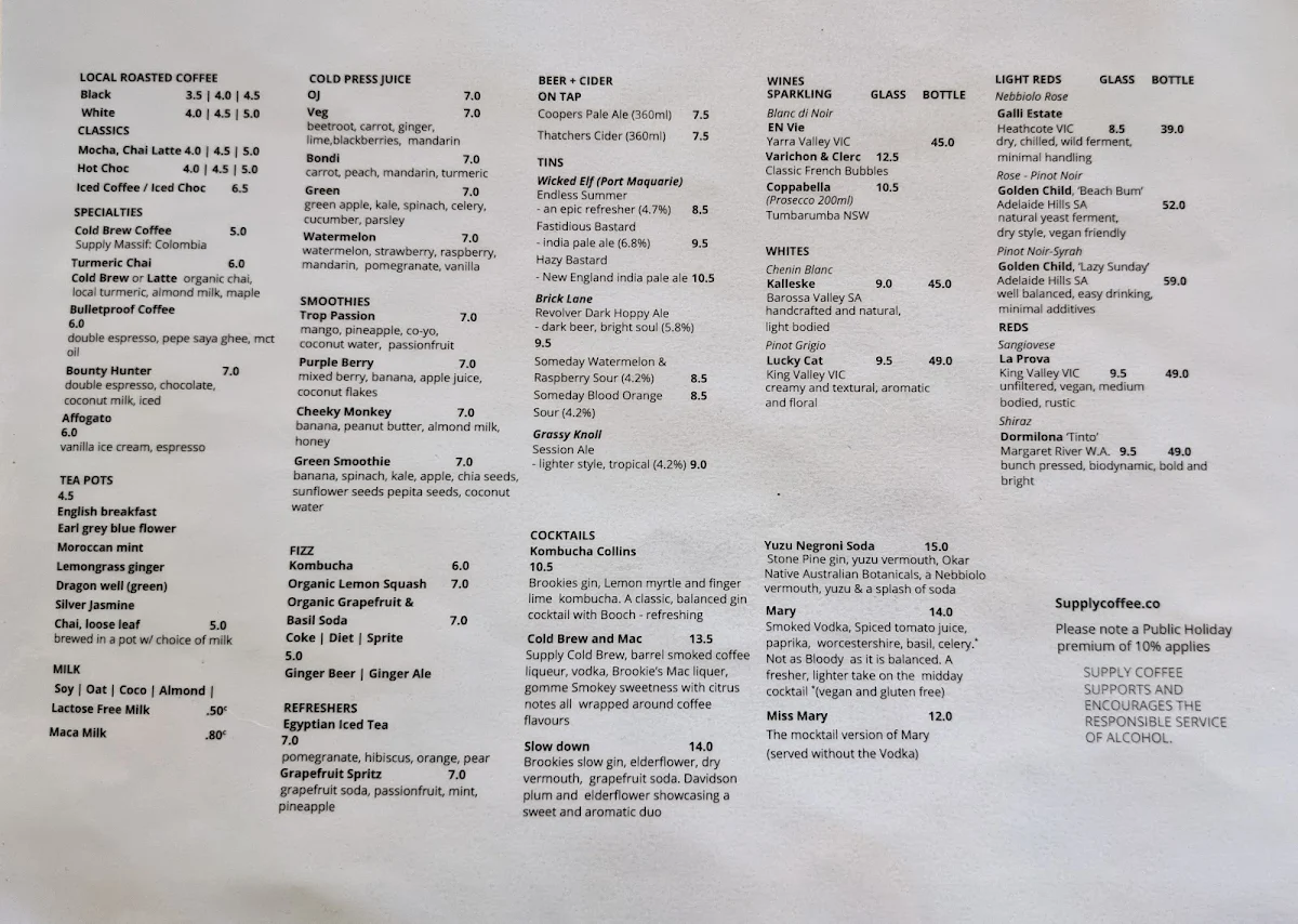 Menu, Supply Speciality Coffee and Bar