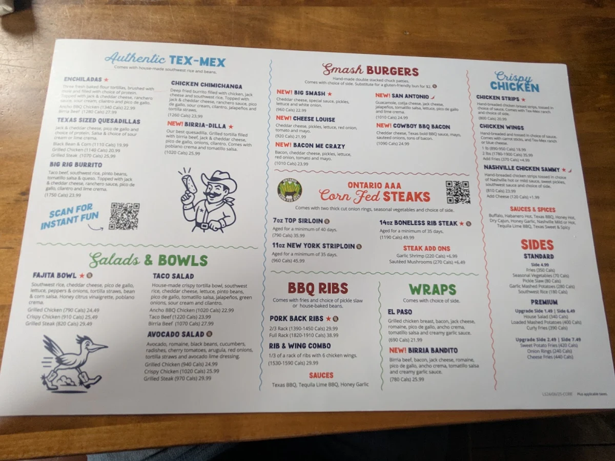 Menu, Lone Star Texas Grill