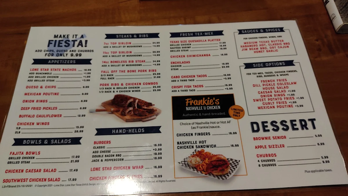 Menu, Lone Star Texas Grill