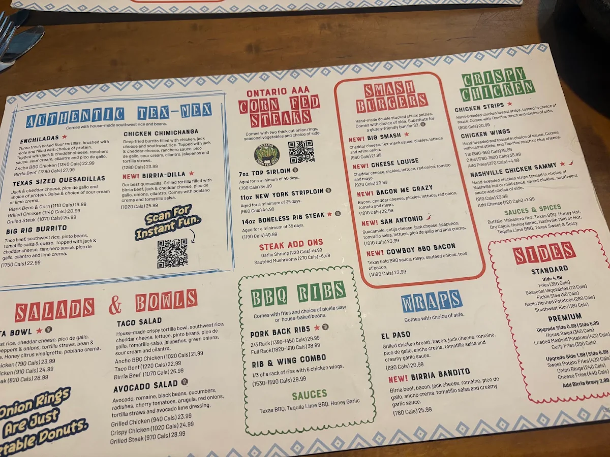 Menu, Lone Star Texas Grill