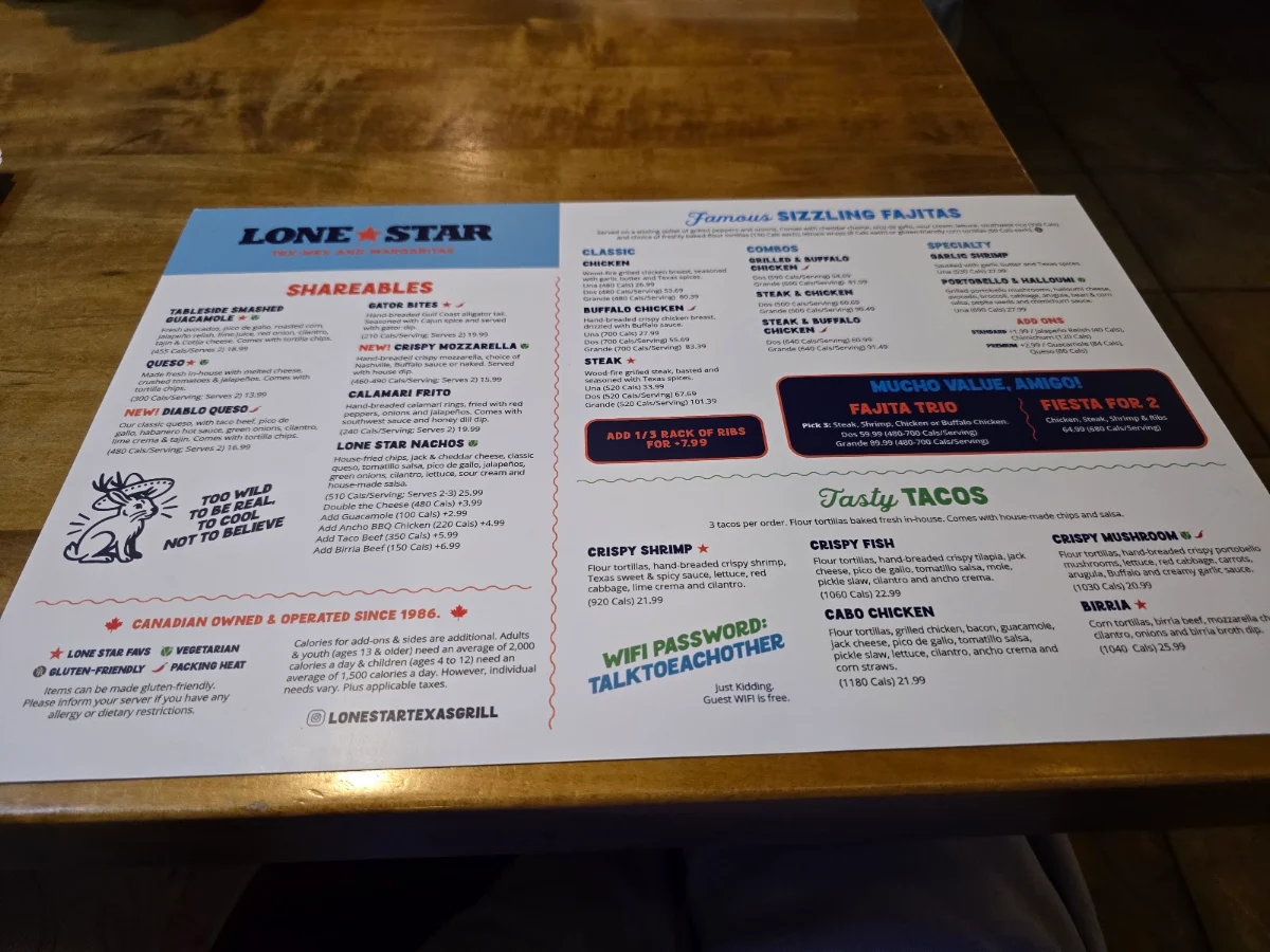 Menu, Lone Star Texas Grill